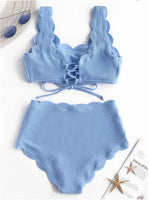 Solid Blue Two Pieces Swimsuit Bathing Suits Bikini Women Scalloped Textured High Waisted Bikini Set Lace Up Bathing Suits XXL