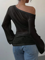 Women's Casual Solid Color Slope Collar Long Sleeved T-Shirt Loose Slouchy Style See-Through Off The Shoulder Top