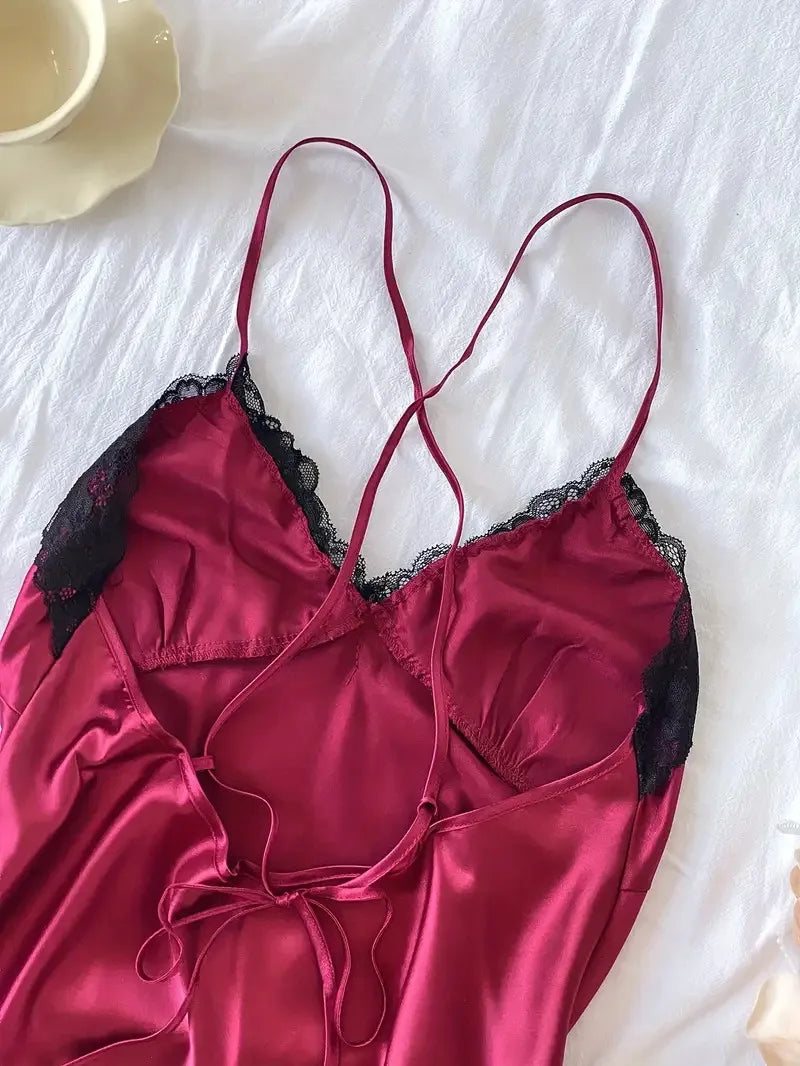 Sexy Pajamas Women's Lace Suspender Nightdress Silk Thin Dress Lingerie Women Nightgowns Sexy Solid Nightwear Summer Loungewear