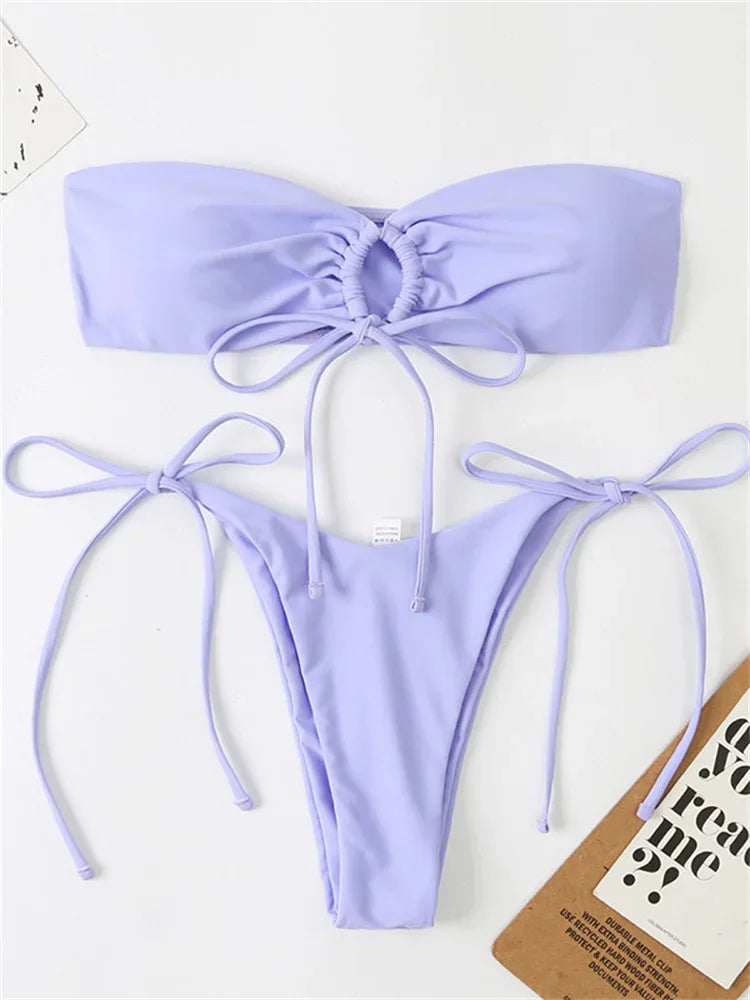 Sexy Bandeau Bikini Swimwear Women Red Black Pleate Lace Up Swimsuit 2024 Cut Out Beach Bathing Suit Tie Side Thong Bikinis Sets