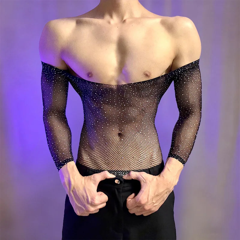 New American Style Fashion Men Vests Tops Crew Neck Sexy HollowMesh Bodysuit CasualLong Sleeve Tank Clubwear Party Costume