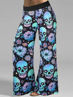 Hallowmas Skull Flower Print Pants Woman 2025 Plus Size Elastic Waist Wide Leg Pant Casual Large Full-length Trousers