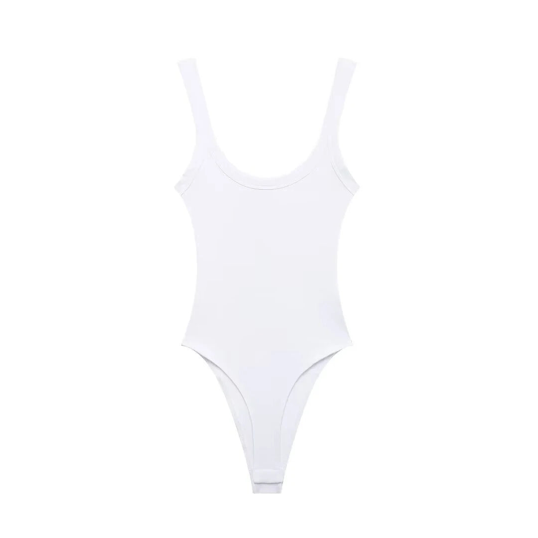 Women's Skinny Ribbed O-Neck Bodysuits with Straps Snap-Button Sexy Fashion Playsuits Comfortable Stretchy Female Clothing