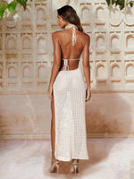 Sexy Slim Low-cut Tie Knit Halter Cut Out Circle Decoration High Slit Beach Maxi Dress 2026 Women Summer Swimsuit Cover Up K88