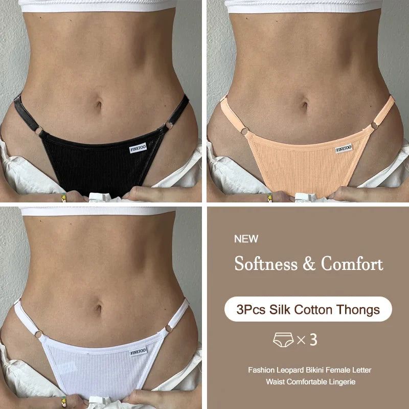 3PCS Women's Panties Cotton Thongs Adjustable Waist Sexy G-String Solid Color Seamless Intimate Female Underpants Lingerie S-XL