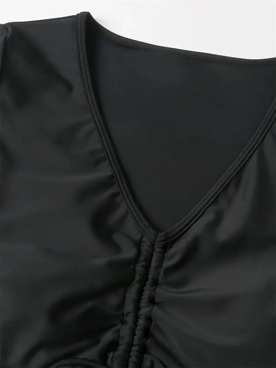 Sexy Drawstring Bikini Set 2026 Women Green Black Short Sleeve Two Piece Swimsuit Summer Bathing Suit Pleate High Waist Swimwear