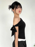 2025 Women'S Summer Ins Style New Shrink Pleated One-Shoulder Crop Top Backless Twist Tie Asymmetric T-Shirt Casual Top