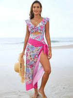 Vintage Blue Floral Print One Piece Swimsuit Skirt Sets Women Front Bow Ruffles Hollow Tummy Control Bathing Suit Swimwear 2026
