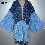 WINYI kimono Colour matching denim cardigan maxi dress beach wear cover-up abaya dubai luxury beach outfits for women kaftan