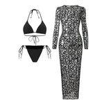 Sexy Hole Out Mesh Long Sleeve Dress 3 Piece Bikini Set 2026 Women Black Push Up Bra Thong Swimsuit Beach Bathing Suit Swimwear