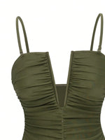 Vintage Green One Piece Swimsuit Long Skirt Sets 2026 Women V Neck Pleate Tummy Control Bathing Suit Holiday Swimwear Monokini