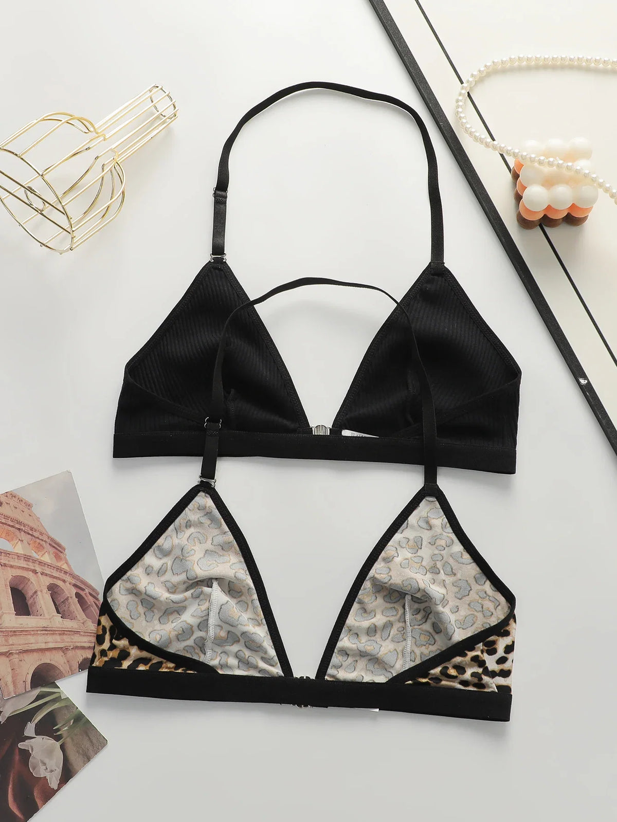 Leopard print black 2-piece set without steel rim or chest cushion women underwear with sexy straps girls' bra Lingerie MR3475