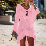 Sexy Women’s Bathing Suit Beach Cover Up Hollow Out Knitted Women Flared Sleeves Solid Color Beach Dress saida de praia
