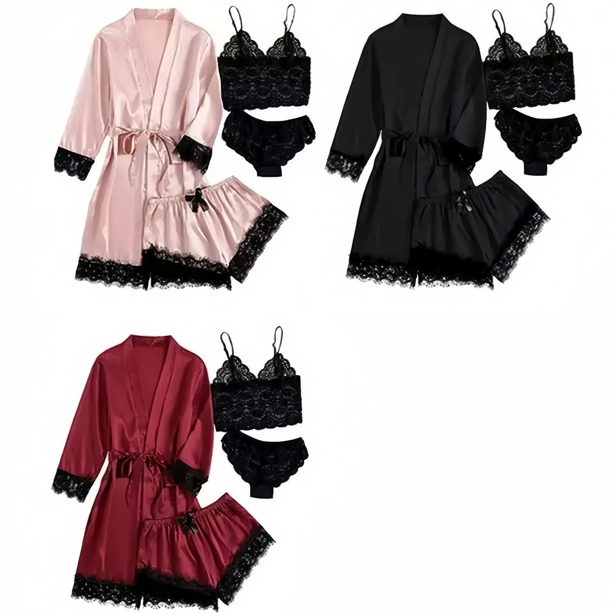 Women's Sexy Satin Lace 3PCS Sleepwear – Robe in Wine Red, Black & Pink for Romantic Look & Home Use