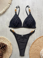 Sexy Brown Bikini Set 2026 Women Pearls Strap Hole Out Push Up Bra Thong Swimsuit Brazilian Beach Bathing Suit Micro Swimwear