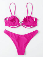 Sexy Hot Pink Bikini Set 2025 Women Pleate Shell Push Up Underwire Thong Swimsuit Beach Bathing Suit Swimwear Vacation Outfits