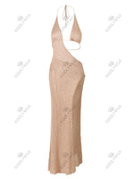 Sexy Slim Low-cut Tie Knit Halter Cut Out Circle Decoration High Slit Beach Maxi Dress 2026 Women Summer Swimsuit Cover Up K88
