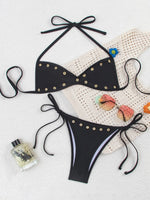 Sexy Black Button Bikini Set 2026 Women Halter Pleate Push Up Bra Tie Side Thong Swimwear Beach Holiday Bathing Suit Swimsuit