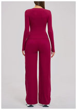 Yoga Set 2 Pieces Women Fitness Sportswear Gym Loose wide-leg pants Long-sleeved T-shirt Sports Crop Tops Tracksuit Workout Wear