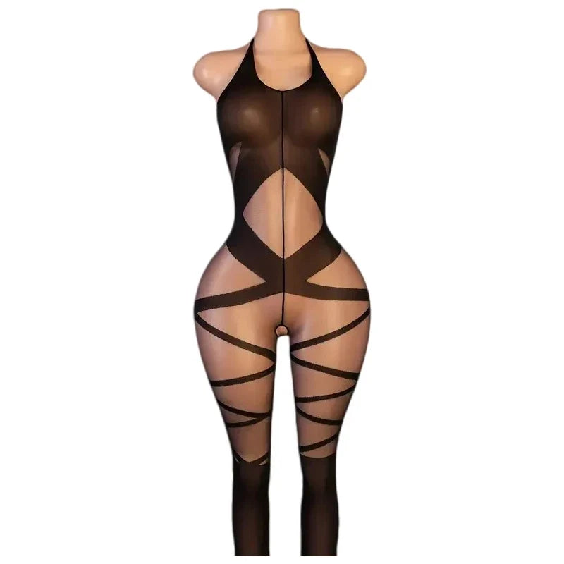 New Hot Crotchless Bodystocking EroticTransparent Sexy Lingerie Sexiest Bodysuit Mesh Hollow Bra Set Black Full Body Stockings