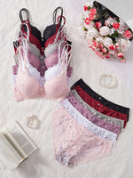 6-Piece Set Lace Women's Underwear Set No Lining Lace Push up Bra Comfortable Fitting Sexy Mesh Lace Panties Women's Bra Set