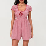 Summer Plaid Rompers Mini Dress for Women Fashion Short Sleeve Sexy Deep V Neck Smocked Waist Slim Plaid Playsuit Jumpsuits