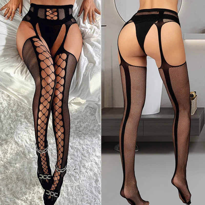 Black Women Fashion Tights Fishnet Stockings Female EroticLingerie Lace Mesh Hollow Out Sexy Stripes GarterPantyhos Club Party