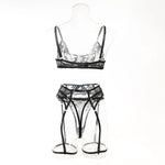 Embroidery Lingerie 3Pcs Sets Ultrathin Mesh Patchwork See Through Bras And Thongs Garter Suits Erotic Intimate Sexy Underwear