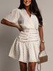Textured Ruched Surplice Short Sleeve Dress