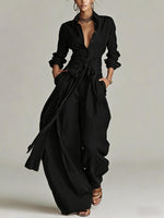 Women's Linen Long Sleeve Shirt & High-Waist Wide-Leg Pants Set with Tie Belt