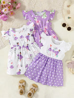 Three cute girls’ dresses with floral and fairy prints in purple and white, ideal for stylish kids fashion.