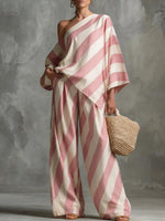 Women's Retro Striped Batwing Top & Wide-Leg Pants Two-Piece Set