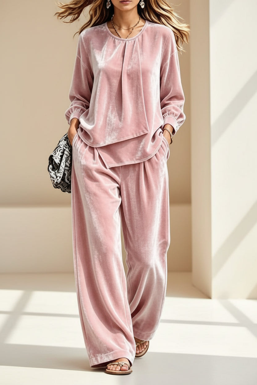 Women's Velvet Center-Pleat Relaxed Top & Wide-Leg Pants Set