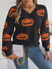 Halloween Pumpkin Pattern Raw Hem V-Neck Sweater test
