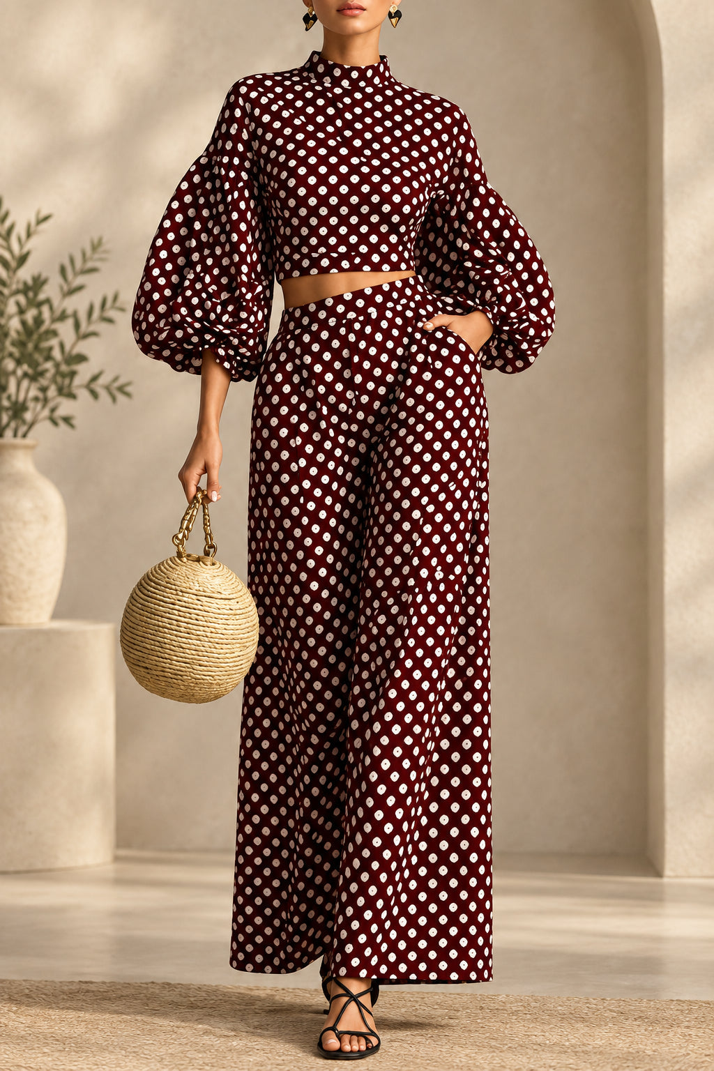 Women's 2-Piece Polka Dot Set – Lantern-Sleeve Mock-Neck Crop Top & High-Waisted Wide-Leg Trouser