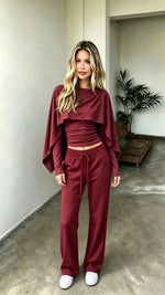Women's Draped-Cape Illusion Crop Top & Wide-Leg Trouser Set