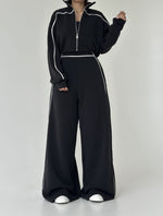 Women's Contrast-Piped Wide-Leg Jumpsuit & Cropped Zip Jacket Set