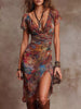 Floral Print V-Neck Midi Dress with High Slit test