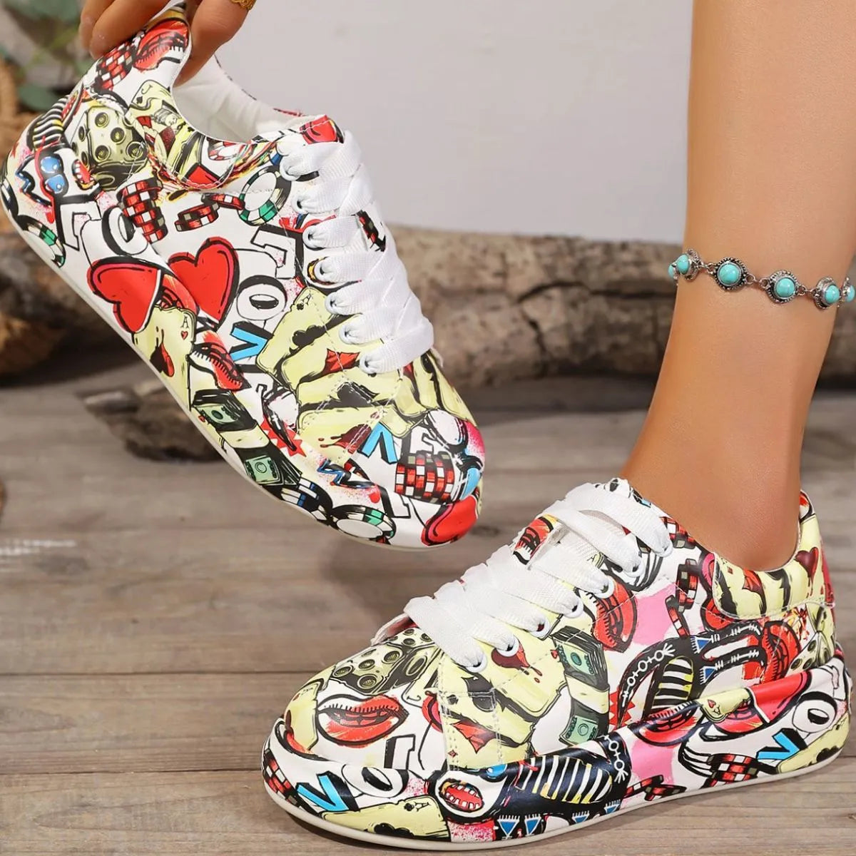 Abstract Print Lace Up Sneakers - Shopimist