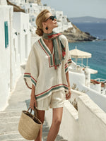 Women's Striped Linen V-Neck Top & Shorts Set with Embroidered Neckline