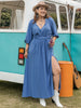 Plus Size Ruched Slit Three-Quarter Sleeve Midi Dress test