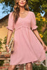 Short Sleeve Shirred Waist V-Neck Textured Mini Dress