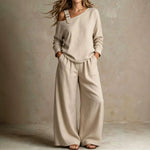 Women's One-Shoulder Buckle-Strap Long-Sleeve Linen Blend Top & Wide-Leg Palazzo Trouser Set