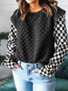 Textured Contrast Checkered Patchwork Long Sleeve Top