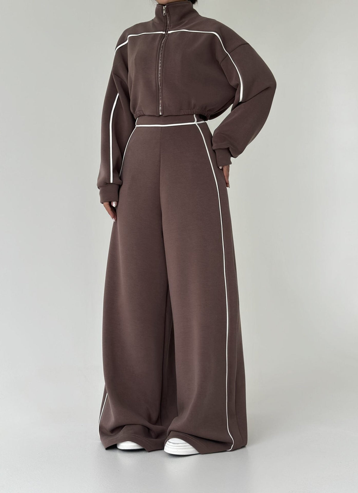 Women's Contrast-Piped Wide-Leg Jumpsuit & Cropped Zip Jacket Set
