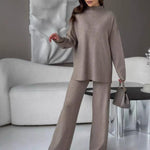 Women's Fine-Knit Mock-Neck Oversized Tunic Top & Wide-Leg Trouser Set