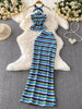 Striped Knitted Halter Top and Maxi Skirt Set