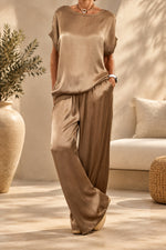 Women's 2-Piece Satin Set – Batwing-Sleeve Round-Neck Top & Wide-Leg Drawstring Trouser