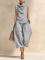 Women's Draped Cowl-Neck Sleeveless Top & Voluminous Balloon Lantern Trouser Set