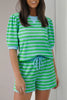 Stripe Colorblock Detail Puff Sleeve Top Drawstring Shorts 2pcs Outfit